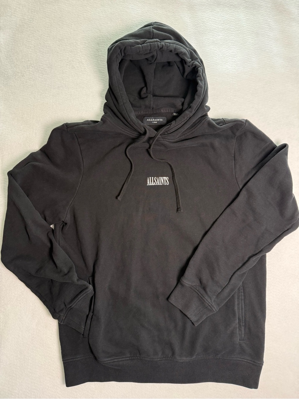 AllSaints Ryder OTH Pullover Hoodie—Black with White Logo, Men’s Large
